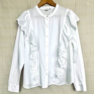Vintage GAP White Button Down Shirt Puff Shoulders Ruffles Romantic Boho Poet
